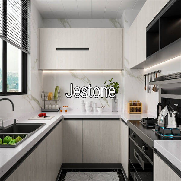 Create a modern, sophisticated look with white sparkle quartz countertops.